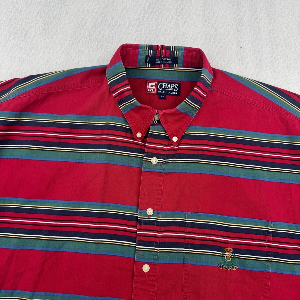 Vintage Chaps Ralph Lauren Mens XL Short Sleeve Button Down Red Striped Preppy